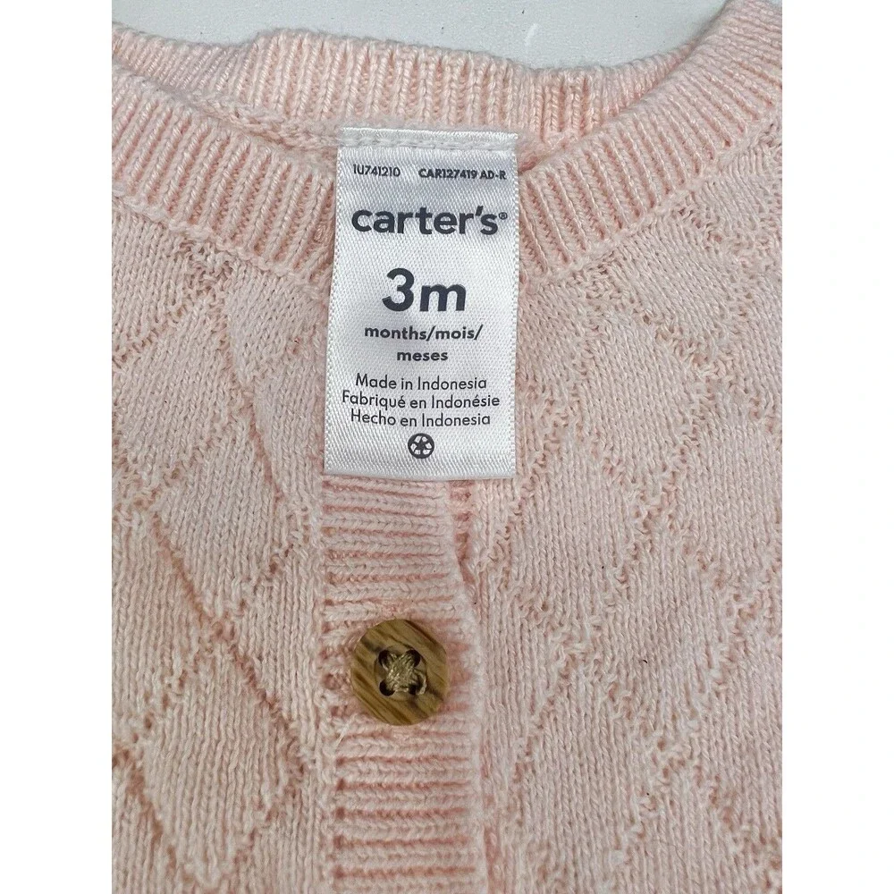Carter’s Baby Girls Pink Diamond Knit Cardigan Sweater 3M NWOT 100% Cotton New